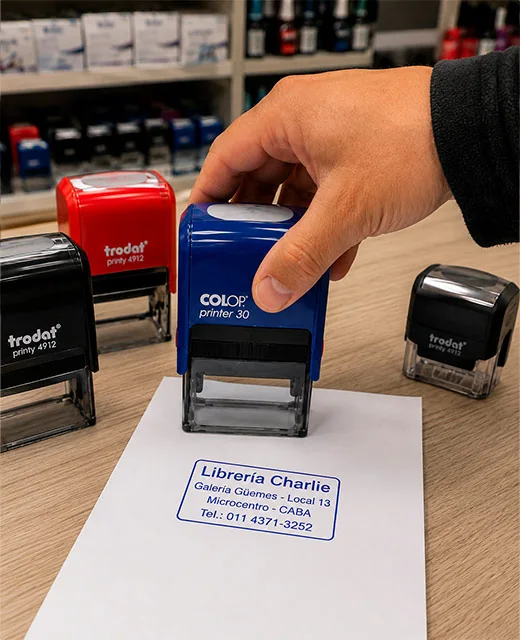 Sello personalizado siendo utilizado sobre papel